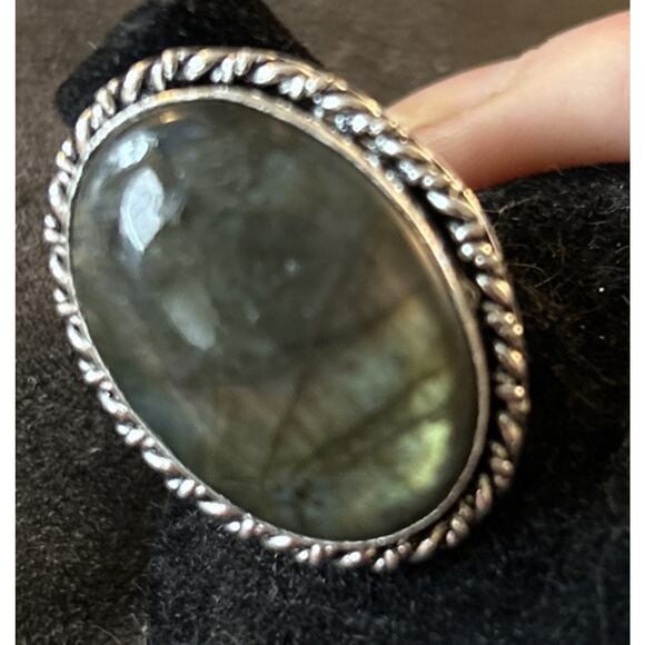Vintage Large Labradorite Rainbow Moonstone Stone Silver Tone Ring Sz 7 - Picture 1 of 6